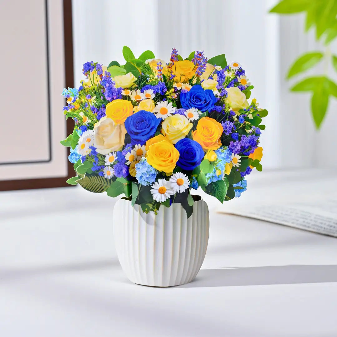 Mini-Cerulean-Dream-small-paper-pop-up-bouquet-of-blue-and-gold-roses-—-PetalPal
